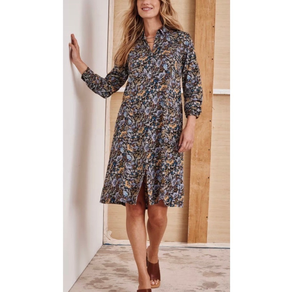 J Jill Satin Shirt Collar Dress Size S Multi Floral Shirtdress Button Front